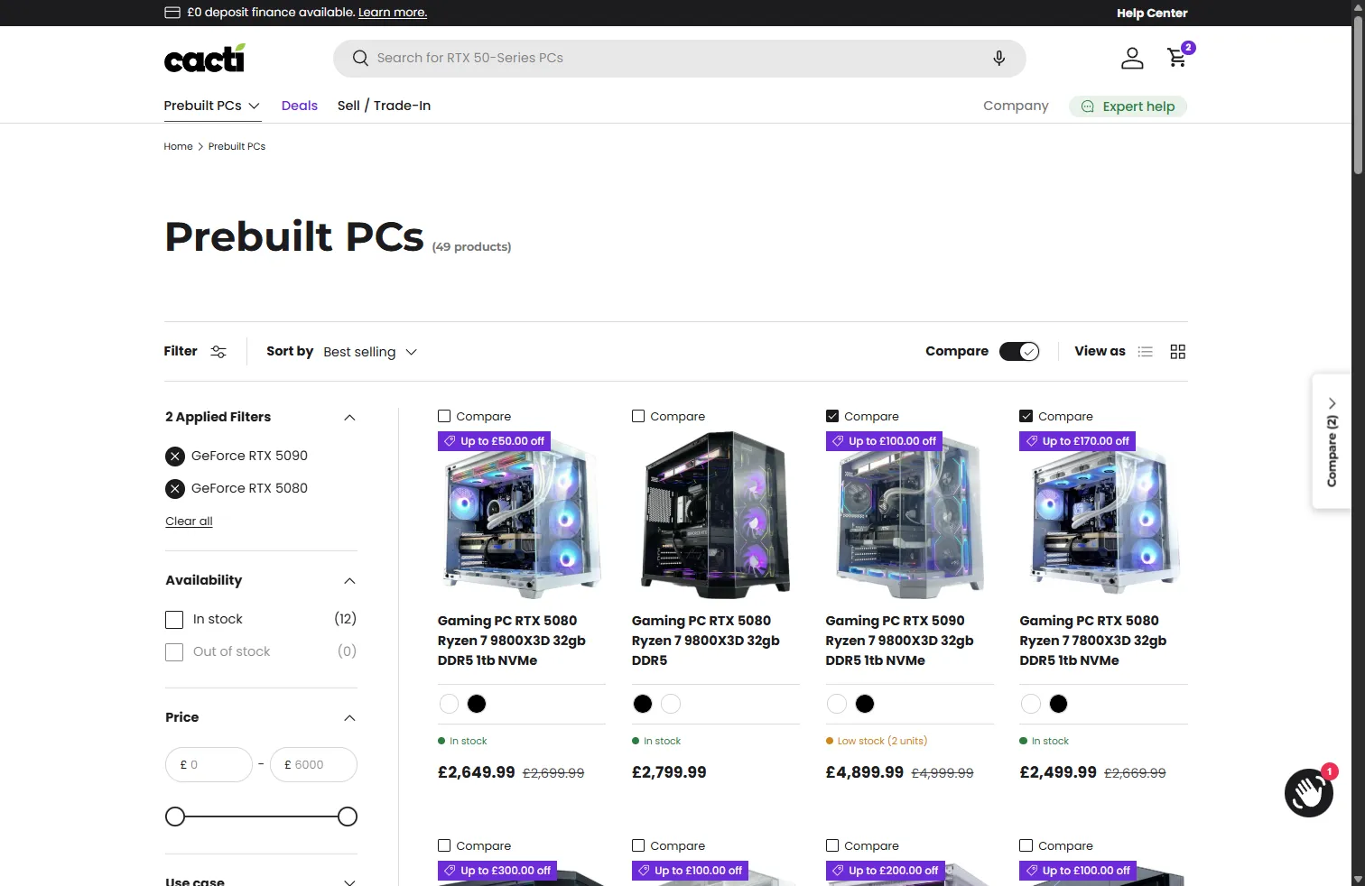 CACTi PCs live desktop product-listing page — the Prebuilt PCs collection with GPU-aware filtering, compare and price facets in production.